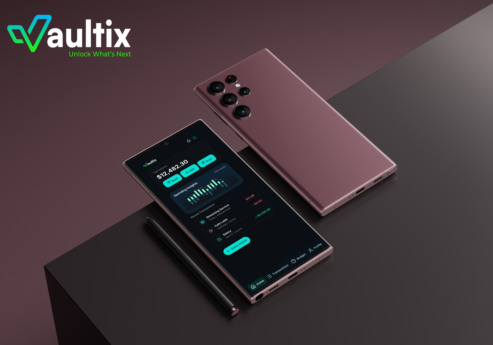 Vaultix dual phone mockup with dashboard on rose surface