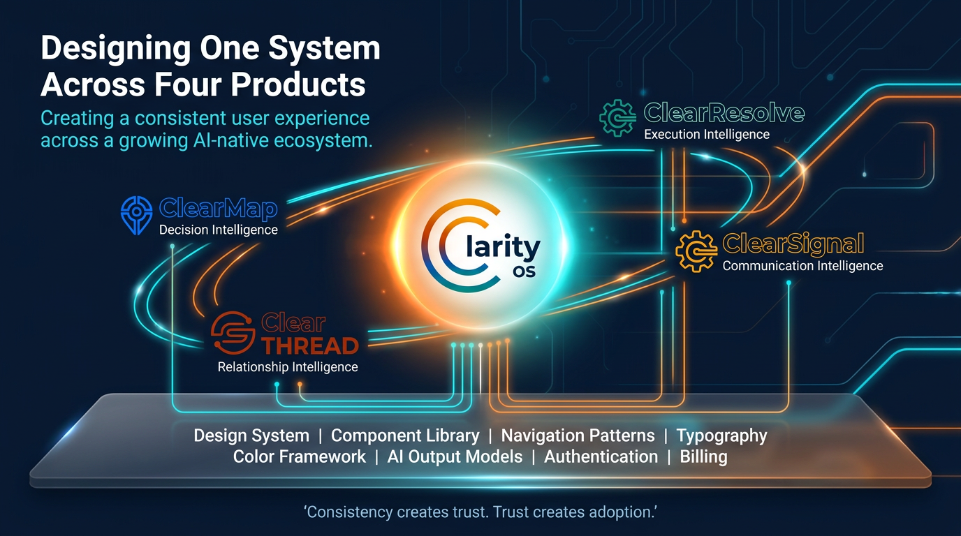 Ecosystem Mapping Blueprint showing ClarityOS as one system across four products