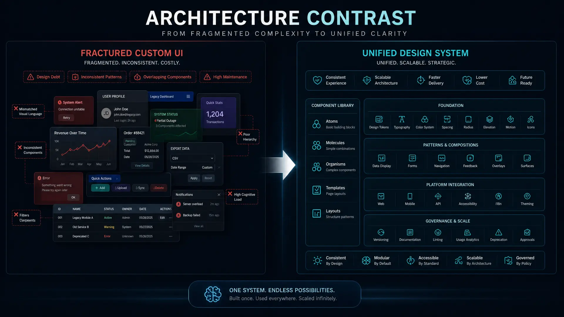 Side by side comparison of fractured custom UI silos versus a unified Synapse platform design system