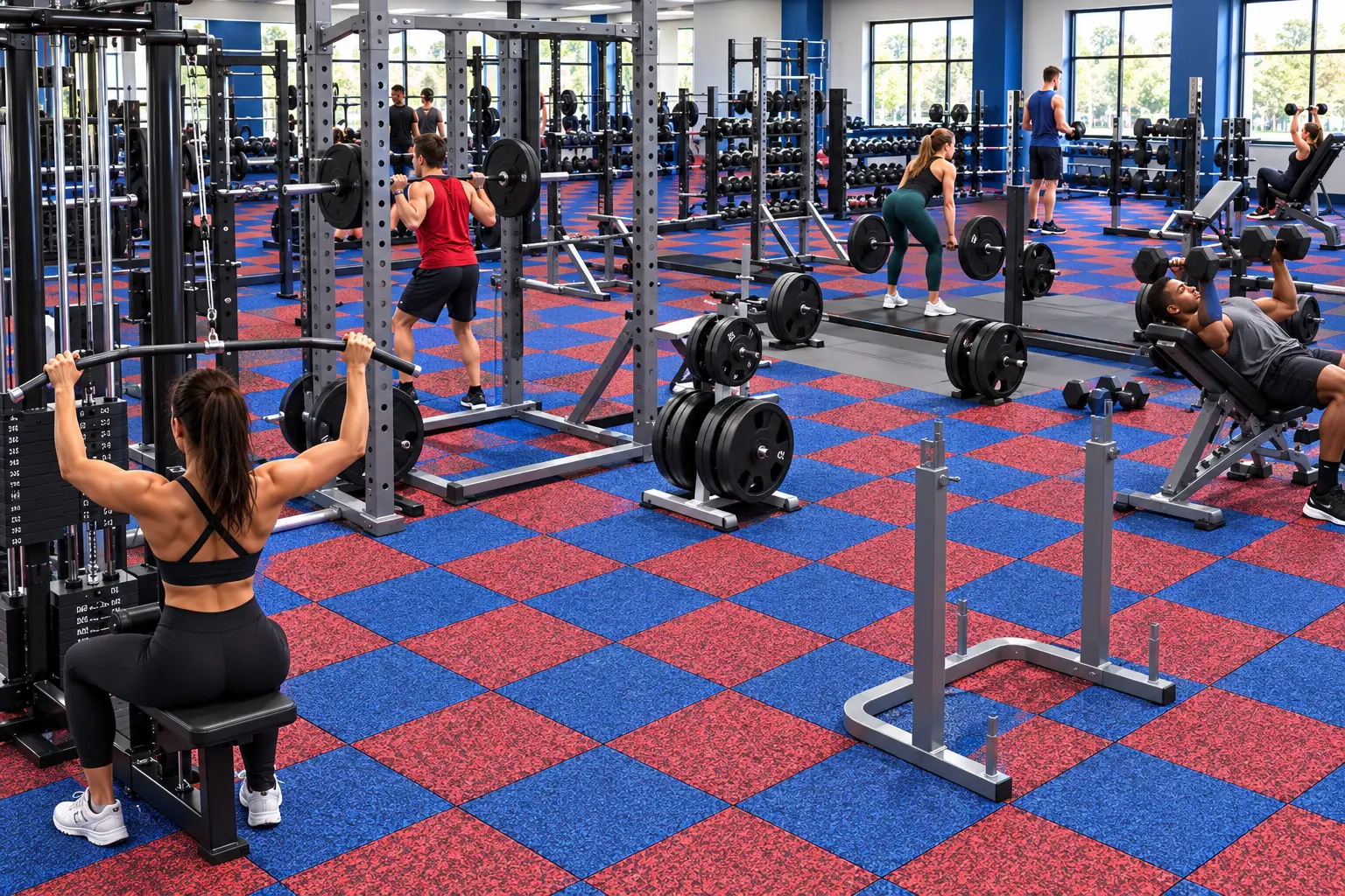 Commercial gym with red and navy checkerboard EPDM flooring beneath training equipment