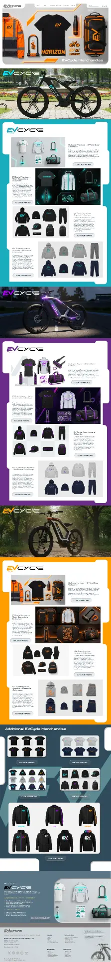 EV Cycle merchandise page showing Phantom, Apex, and Horizon gear collections