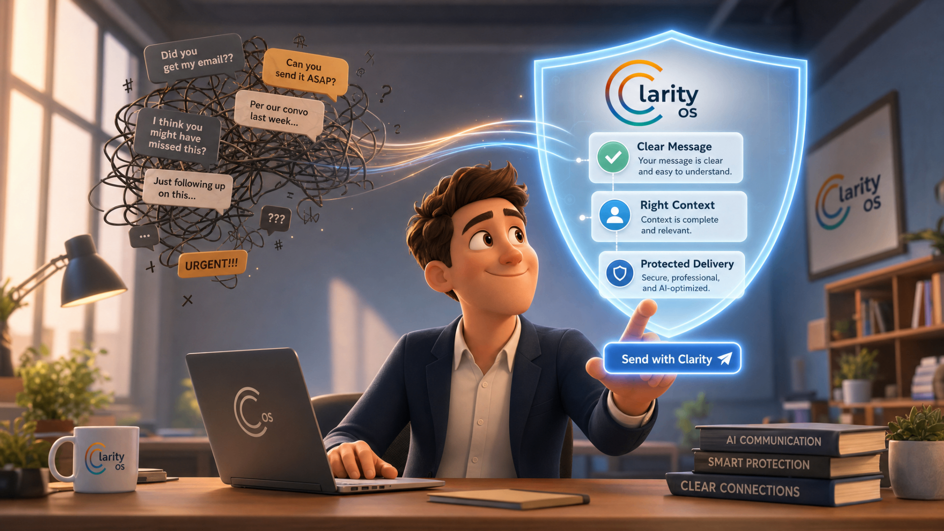 ClarityOS transforms tangled, urgent messages into a clear, contextual, and protected delivery through a trusted AI shield