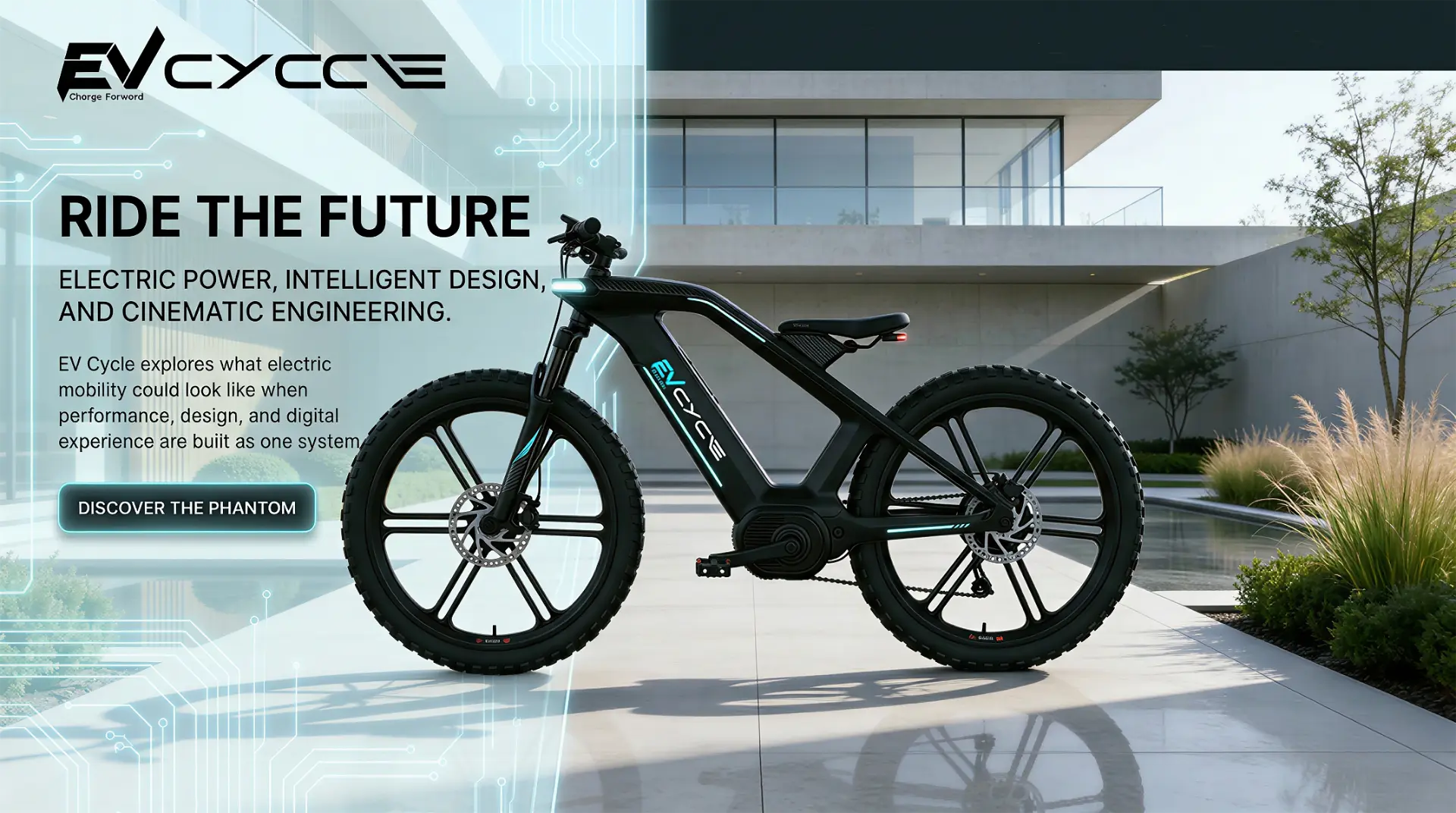 EV Cycle hero concept, a matte black electric bike with cyan lighting accents