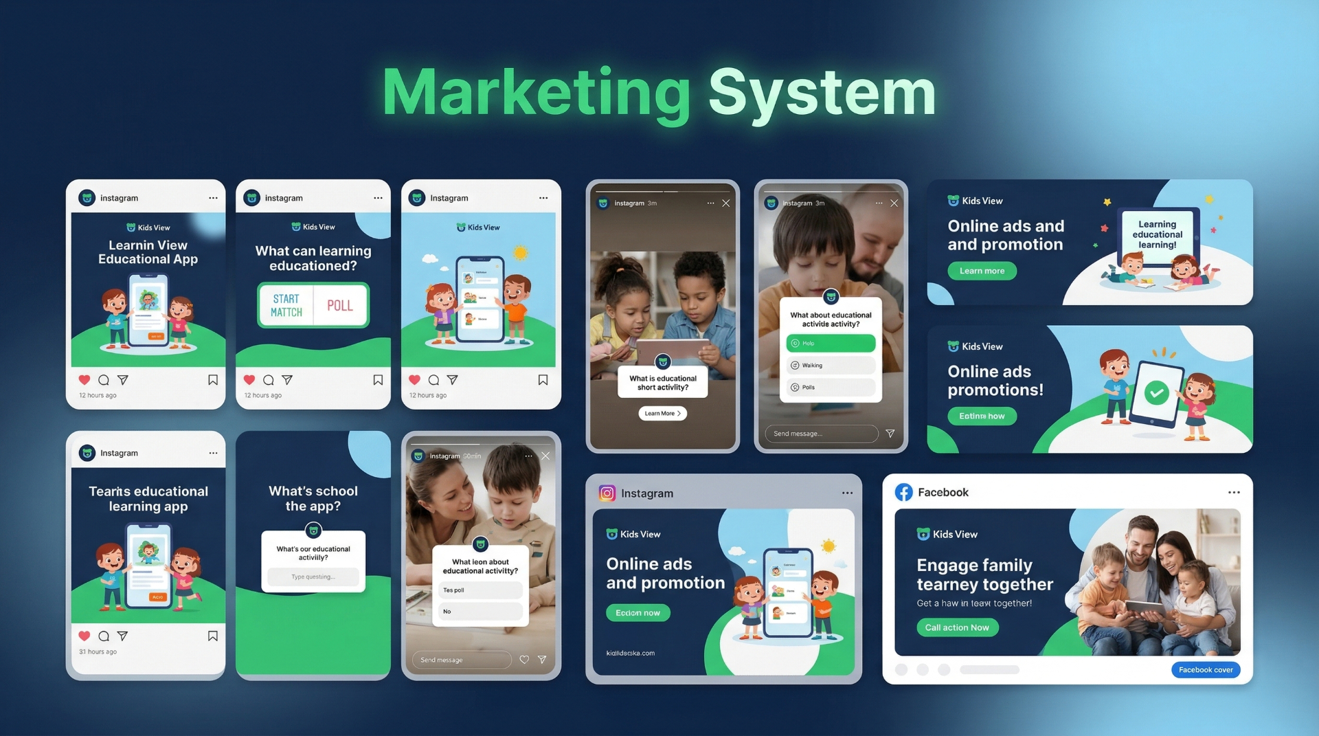 Kids View marketing system across Instagram posts, Stories, ads, and Facebook covers