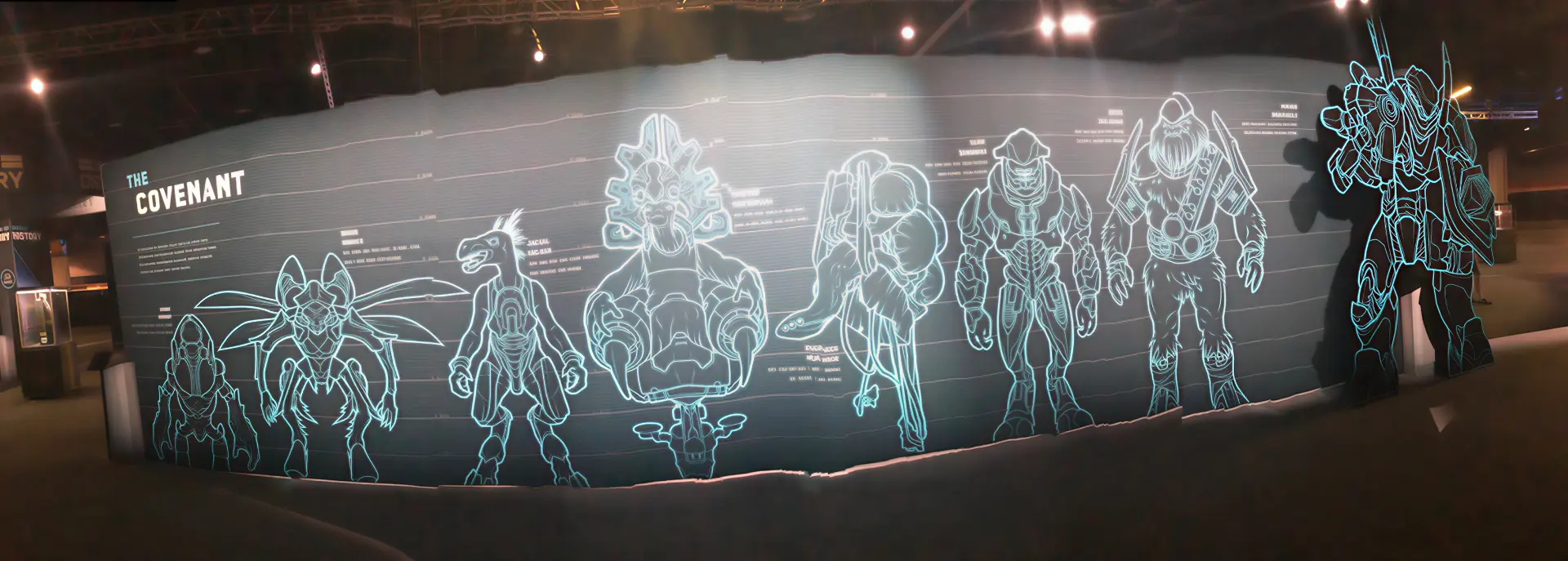Blueprint-style line art wall showing the full Covenant species lineup