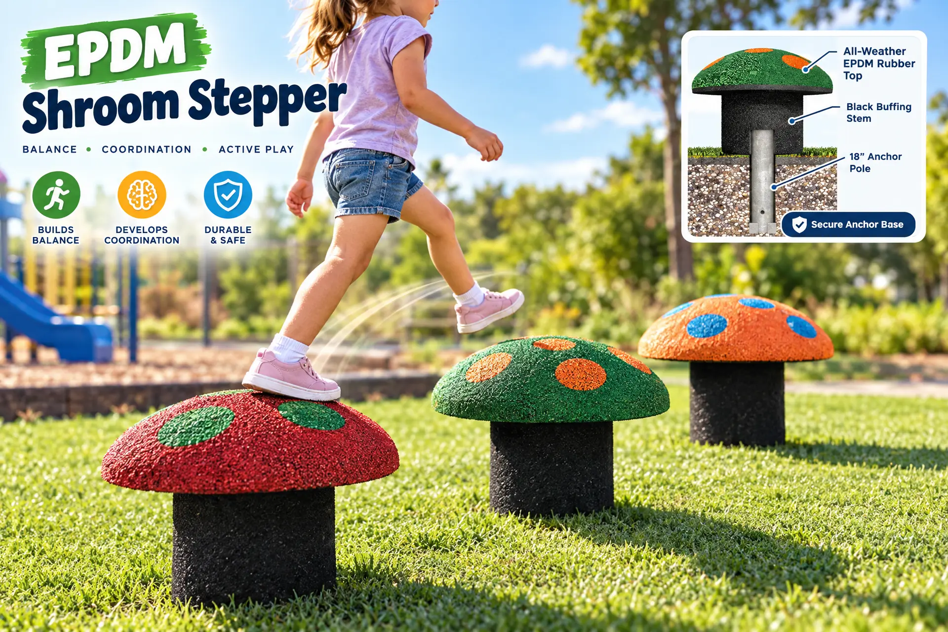 EPDM Shroom Stepper designed for sitting, standing, and walking activities, with secure anchor detail