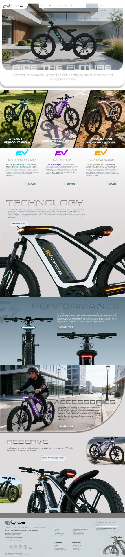 EV Cycle home page showing the hero, model tiers, technology, performance, and reserve sections