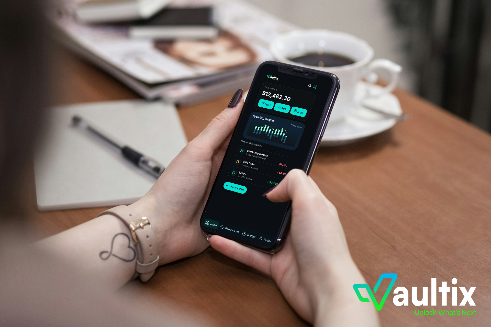 Vaultix mobile app showing balance, spending insights, and recent transactions