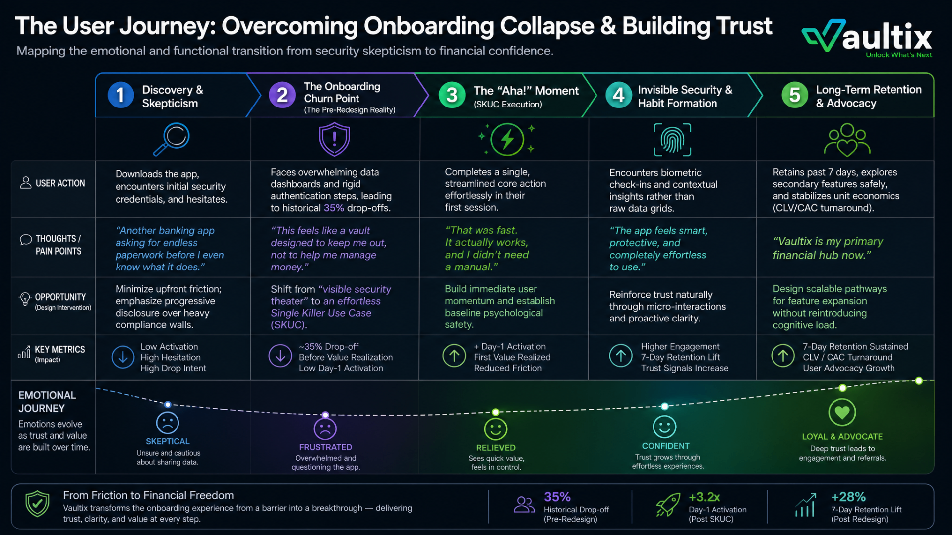 Vaultix user journey map from skepticism to advocacy across five phases