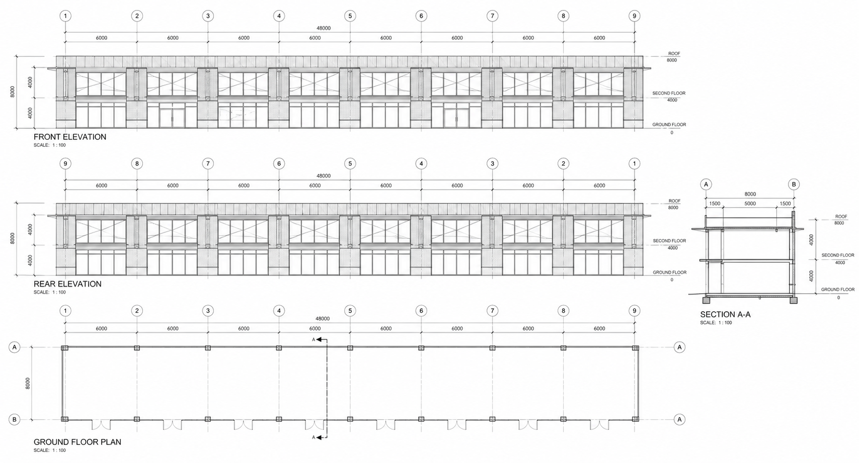 Second elevation and building section set for the mixed use frontage