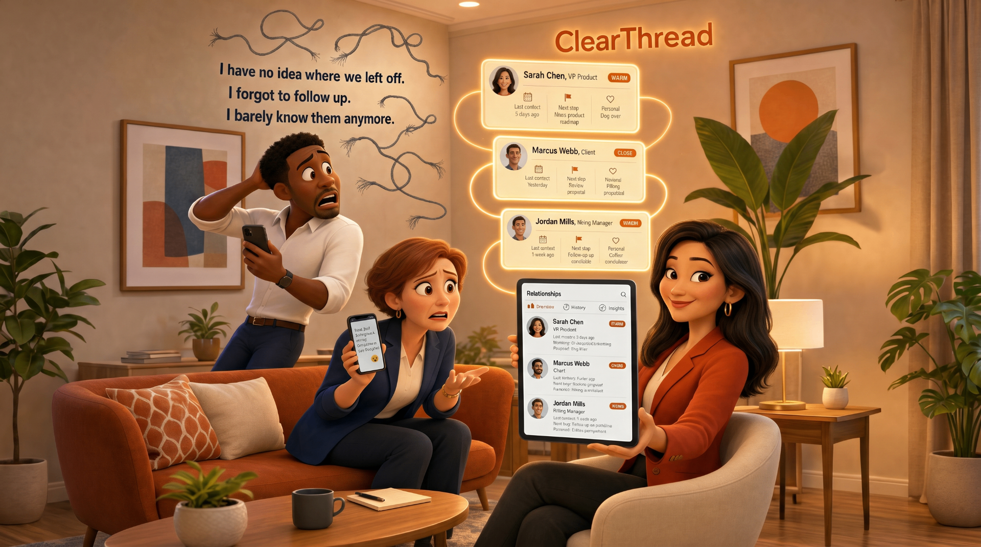 ClearThread scene showing scattered relationship threads resolved into a warm, structured relationship intelligence workspace.
