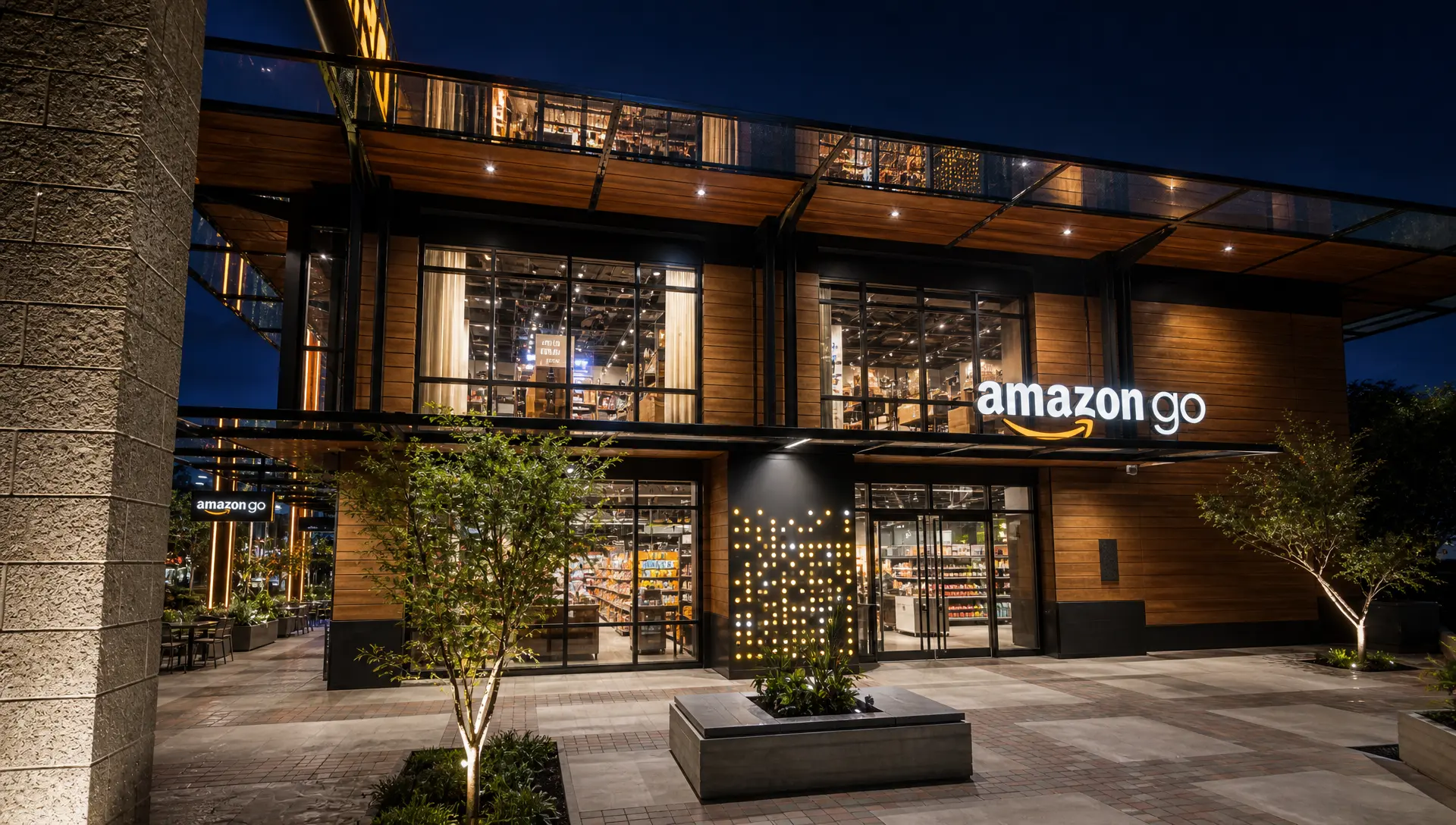 Entrance close up render of the Amazon Go storefront at night