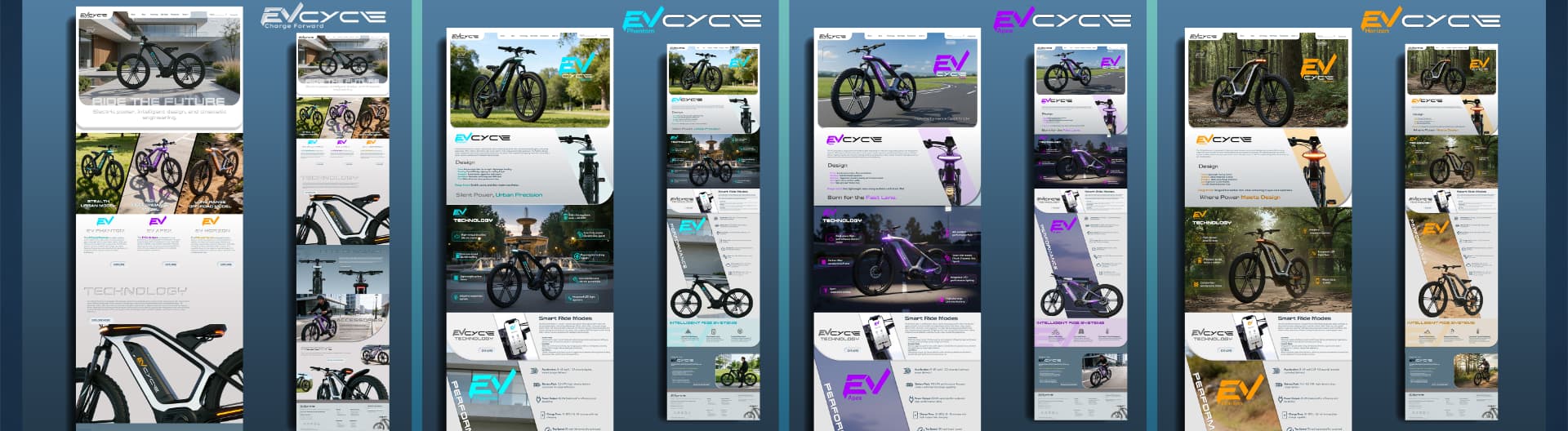 Full EV Cycle website page system showing the shared template applied across Phantom, Apex, and Horizon tiers