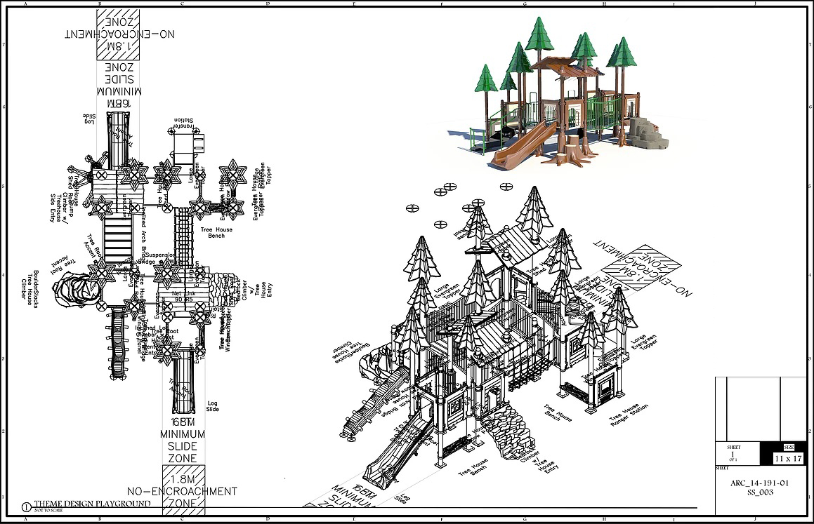 Technical CAD plan, elevations, and modeled view of a custom treetop playground