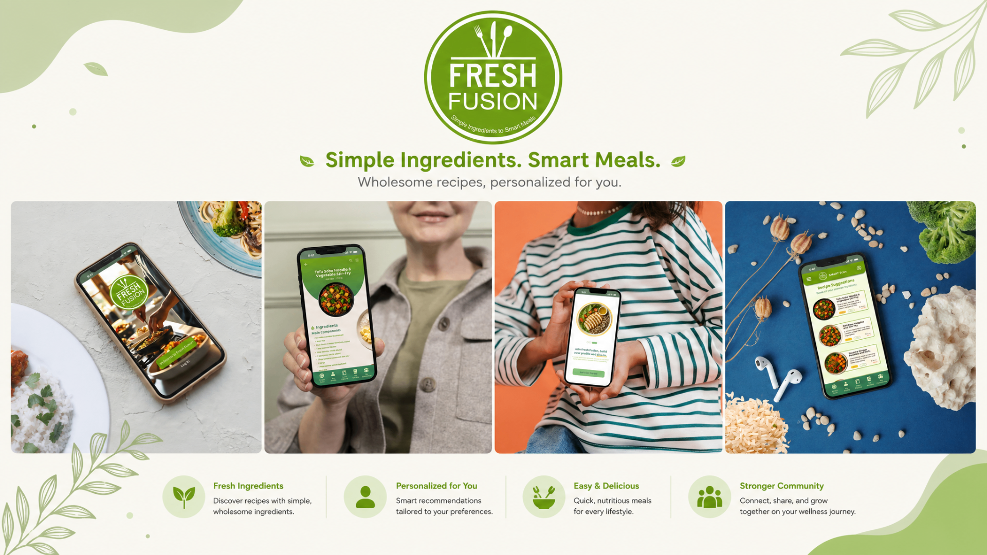 Fresh Fusion marketing presentation: brand mark, tagline Simple Ingredients Smart Meals, four lifestyle app scenes, and four value pillars