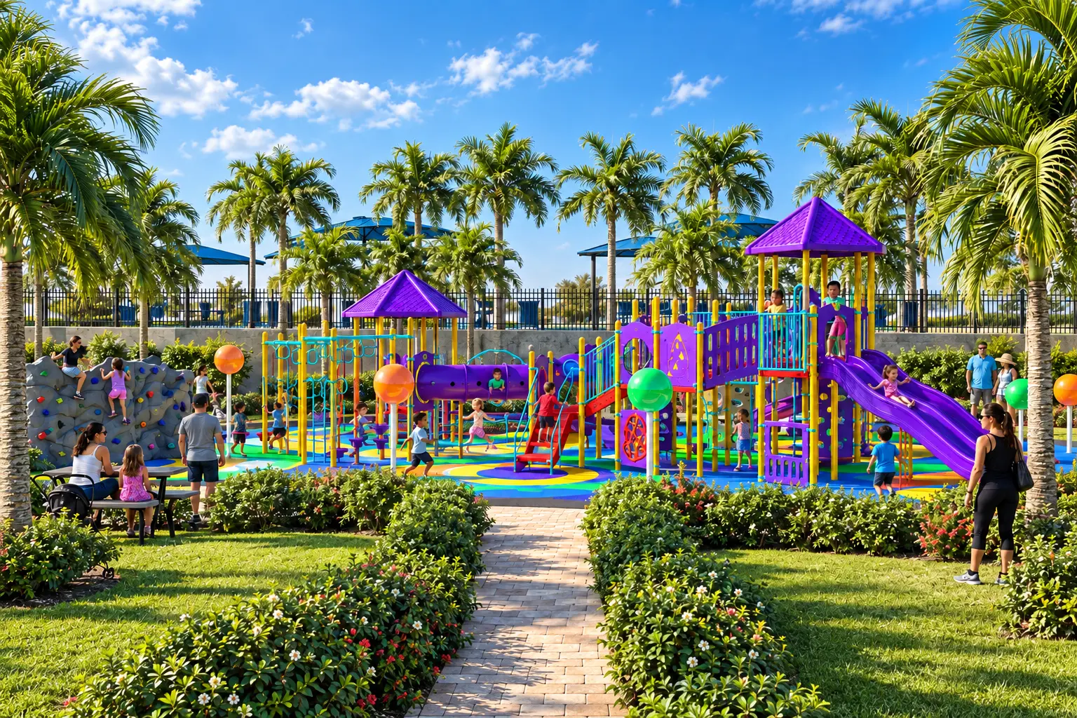 Colorful playground situated within its actual palm-lined installation environment