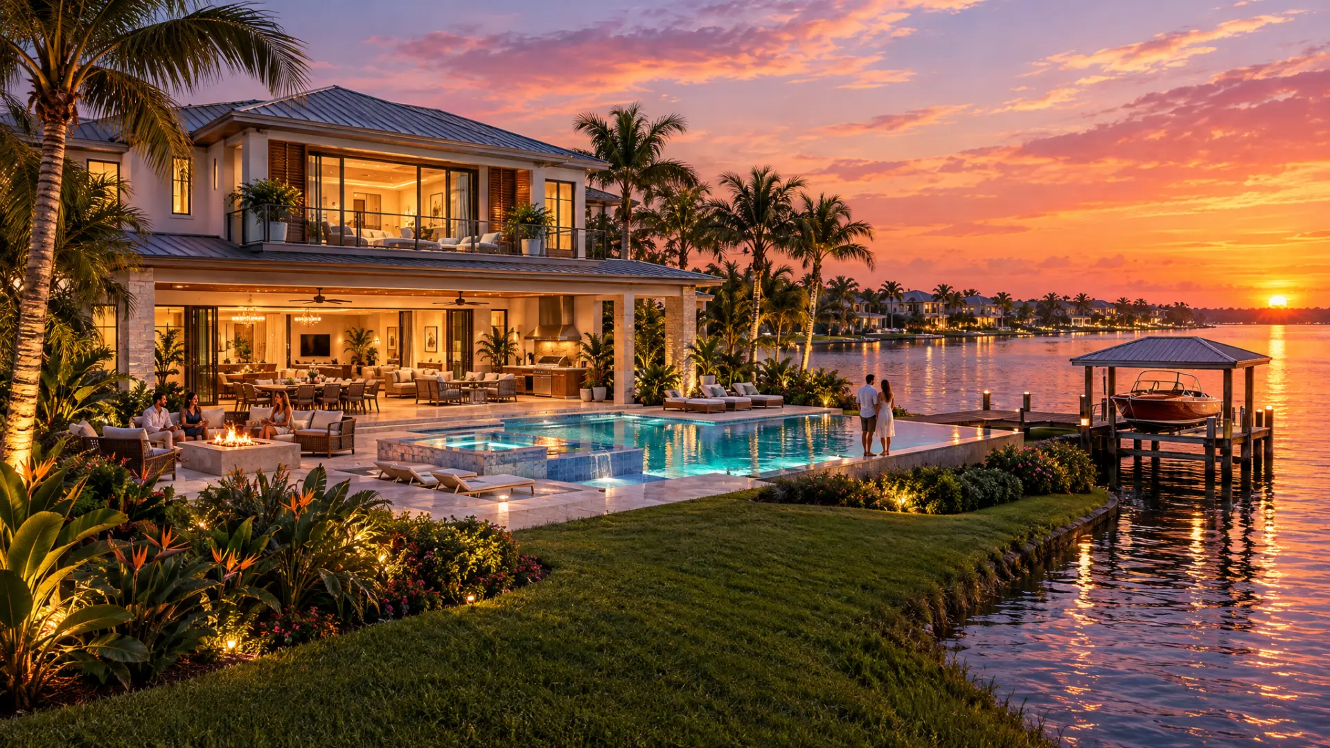 Sunset at a lakefront estate