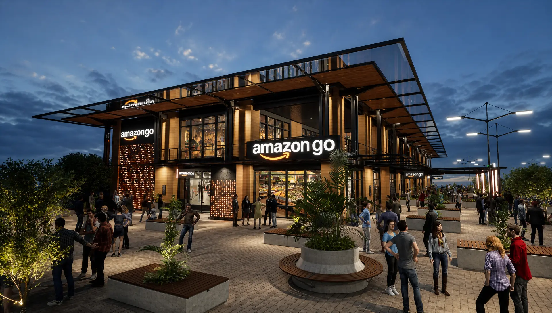 Courtyard night view render with seating and pedestrian activity
