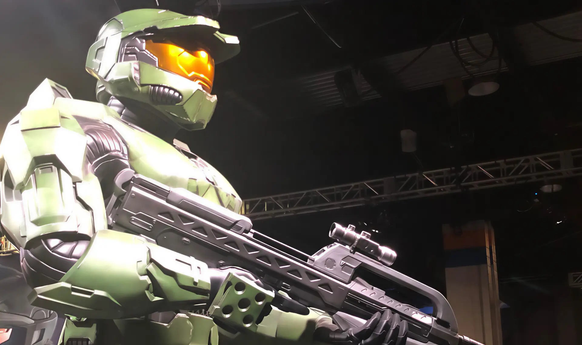 Low-angle close-up of the life-size Master Chief statue