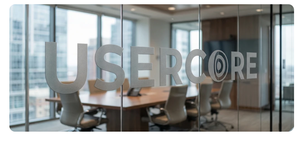 UserCore enterprise office, glass conference room with the UserCore logo