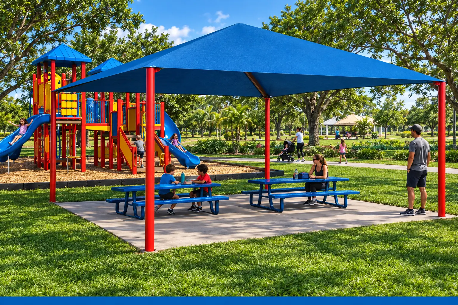 Park playground with shade structures and picnic amenities showing site furnishing applications