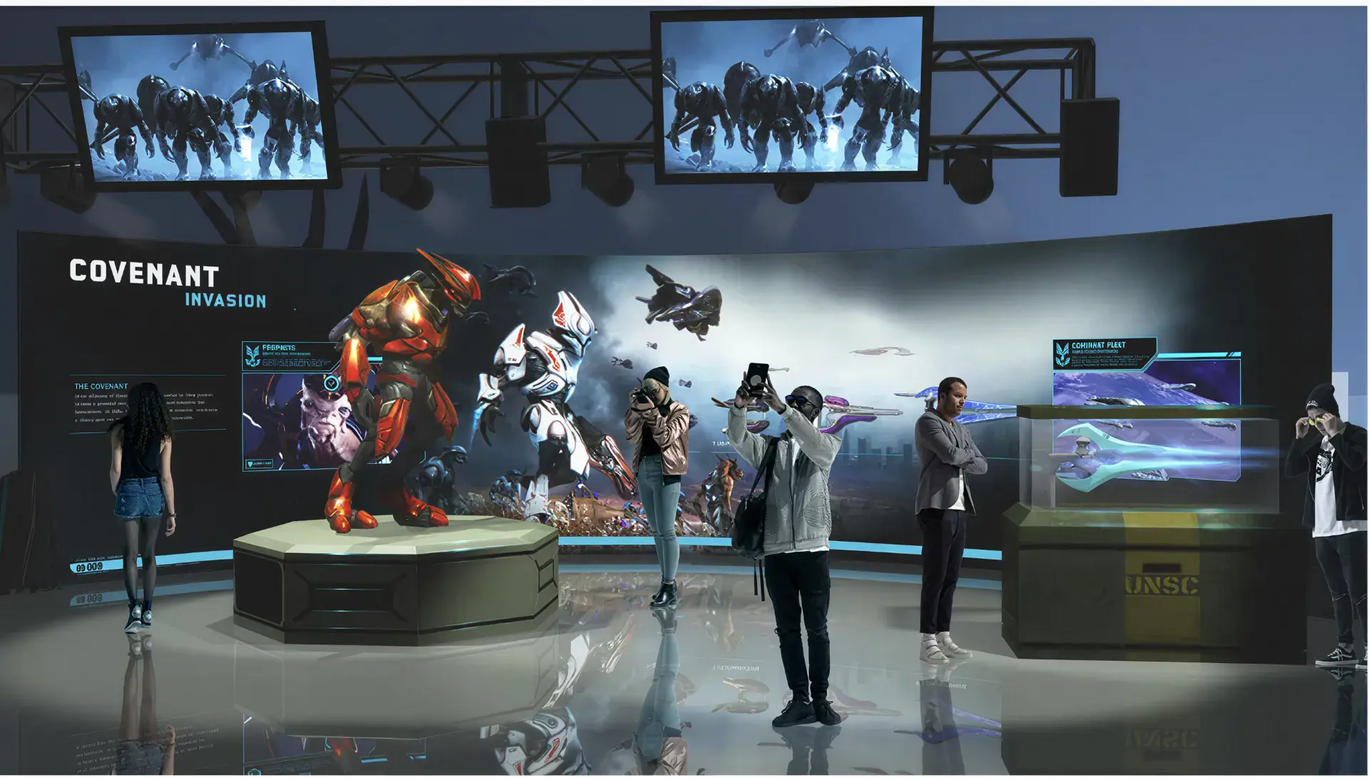 Wide shot of the built Covenant invasion exhibit environment
