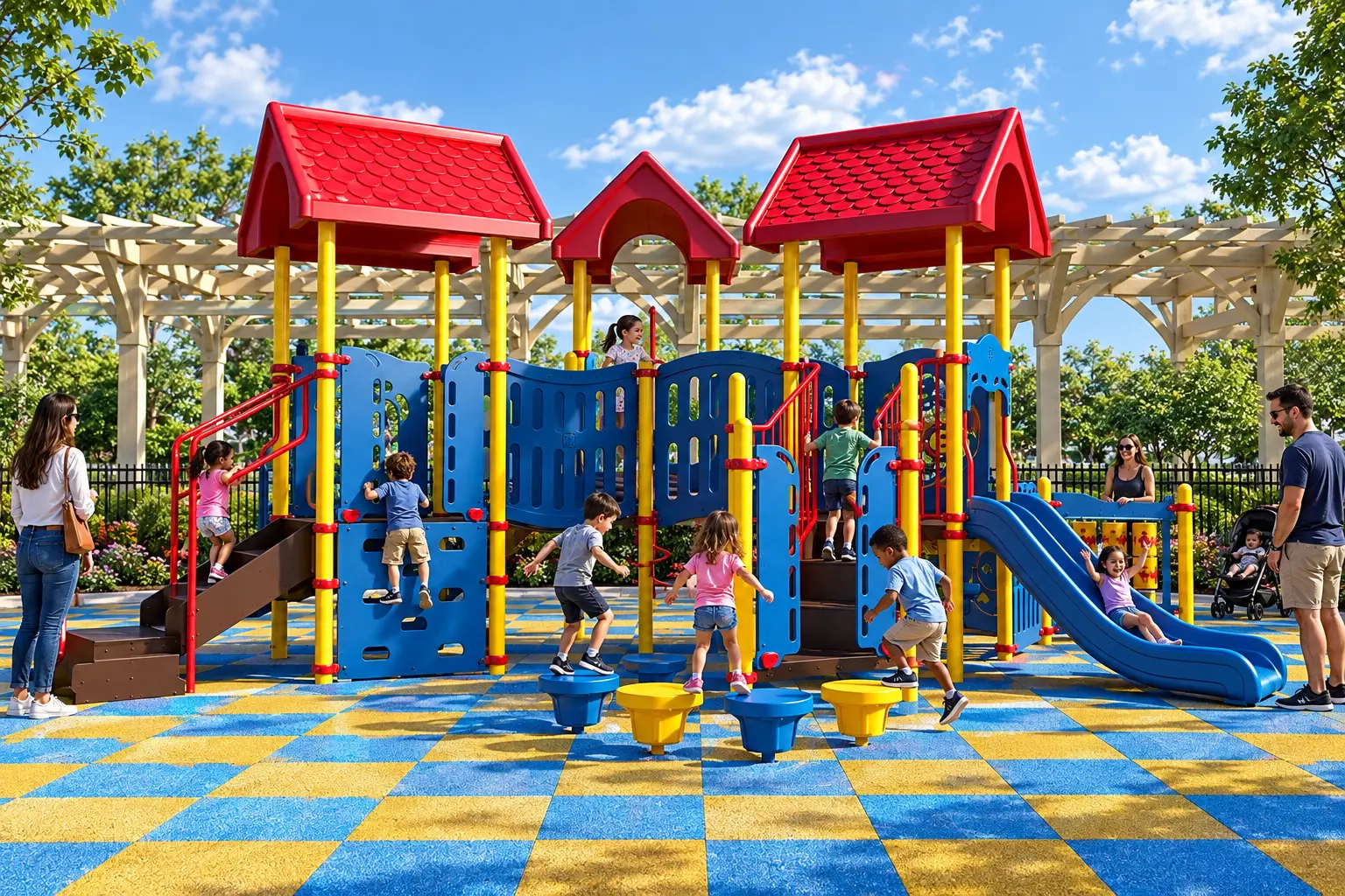 Playground environment featuring EPDM safety surfacing and stepping activities