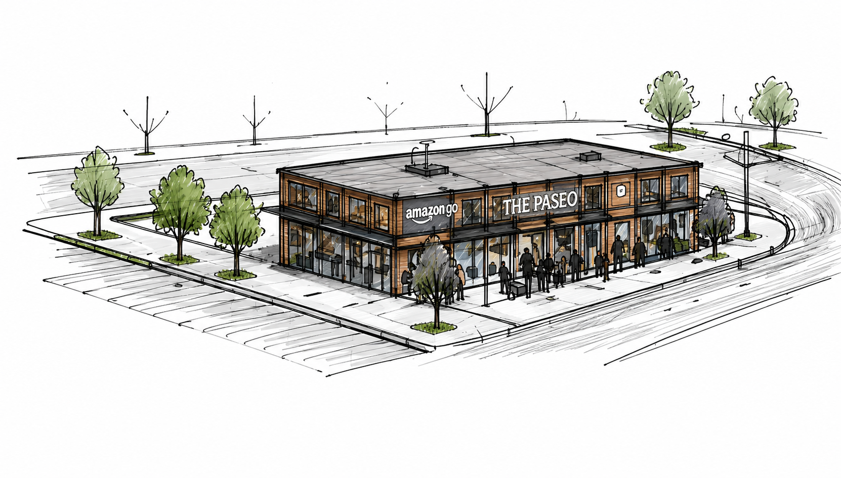 Aerial site context concept visualization of the Amazon Go building at The Paseo