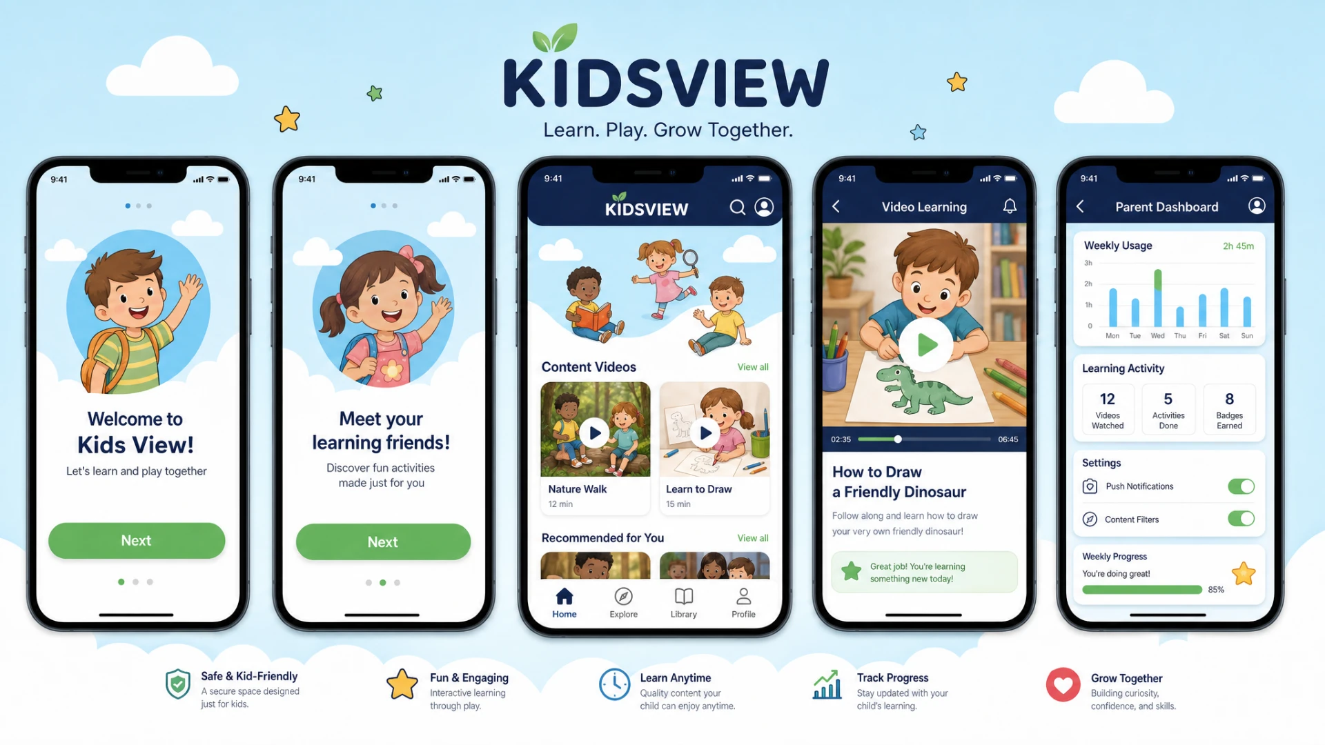 High-fidelity Kids View prototype screens across five phones