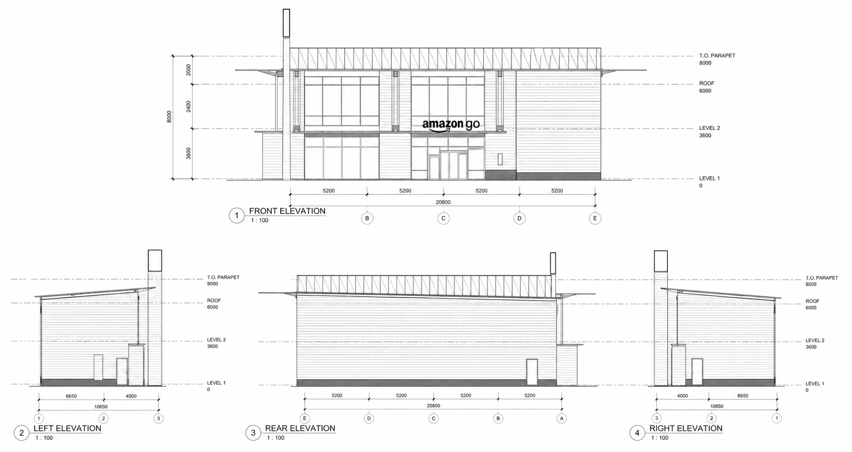 Front, left, rear, and right elevation set for the Amazon Go concept
