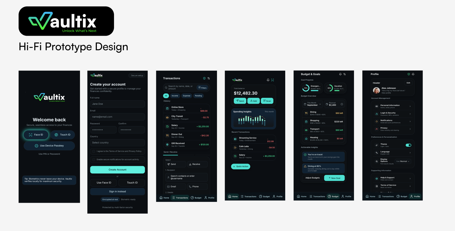 High fidelity Vaultix mobile screens including Welcome Back with biometrics, Create Account, Transactions, Dashboard with spending insights, Budget and Goals, and Profile