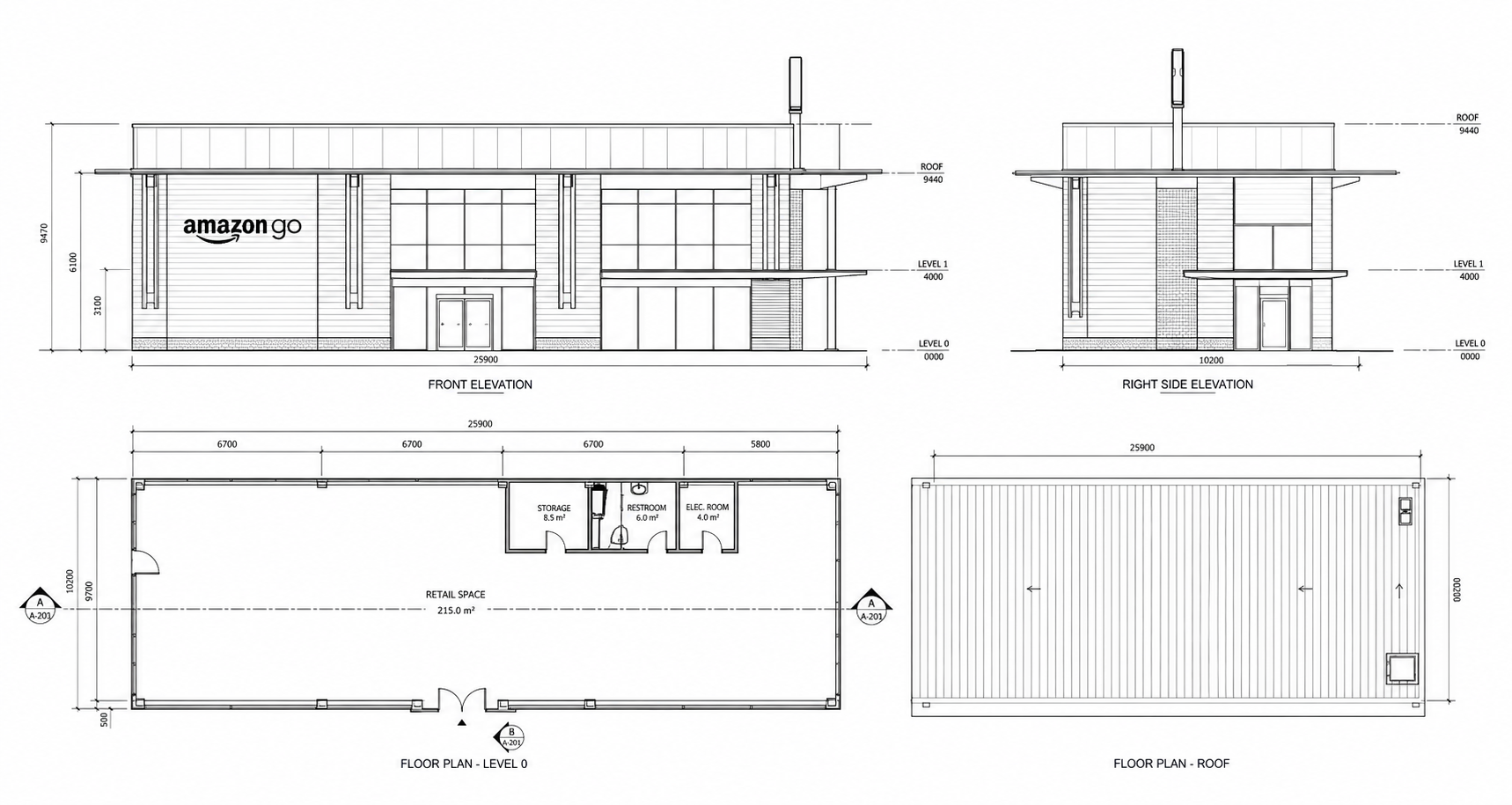 Level 0 floor plan and roof plan with front and right side elevations