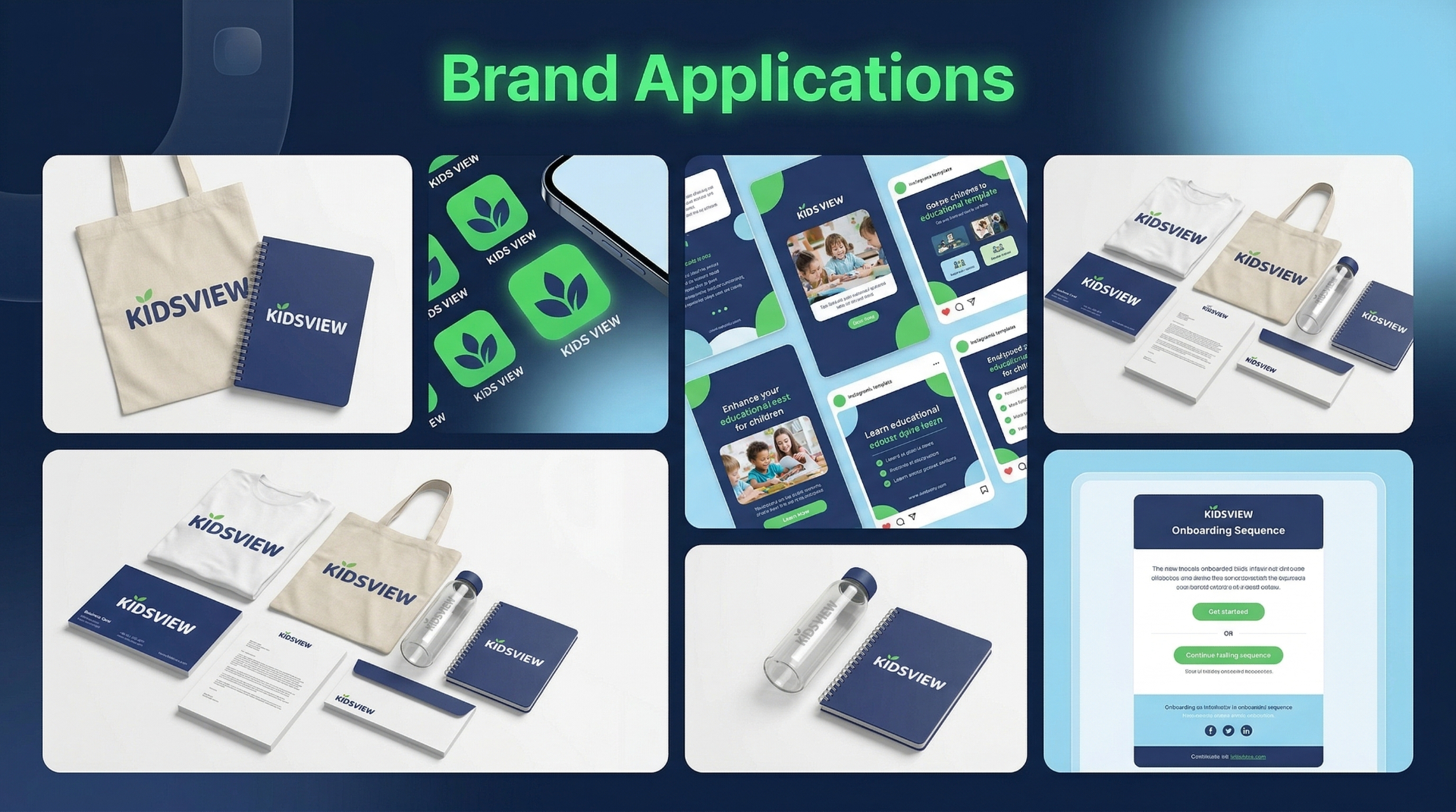 Kids View brand applications across merchandise, stationery, and digital surfaces