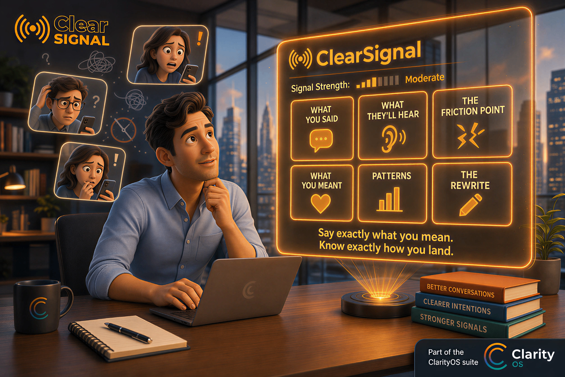 ClearSignal scene: a person composing a message while ClearSignal projects a communication analysis grid mapping what was said, what will be heard, friction points, patterns, and the rewrite.