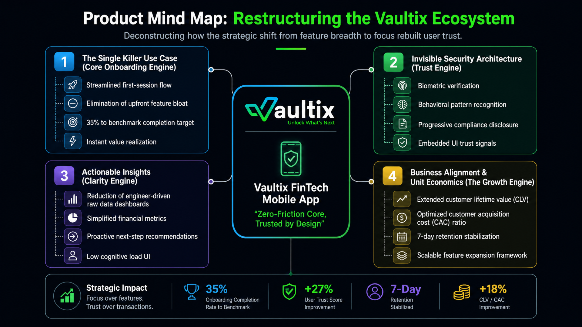 Vaultix product mind map showing four core ecosystem branches