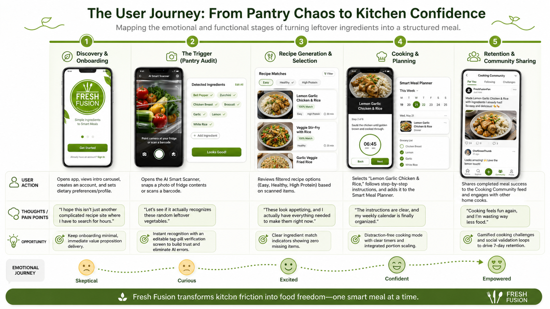 Fresh Fusion user journey map from pantry chaos to kitchen confidence