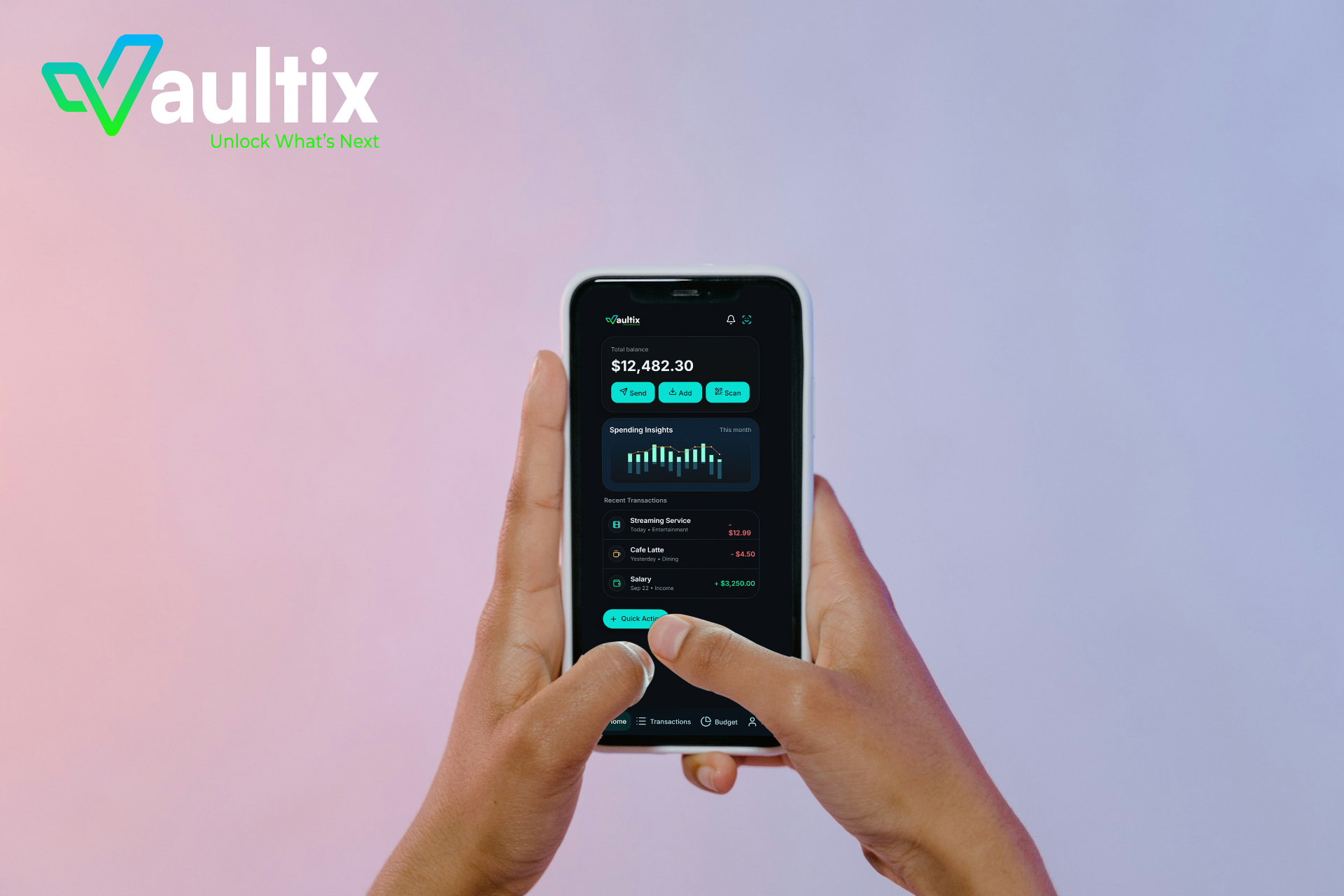Vaultix app held in hand against a soft pink backdrop