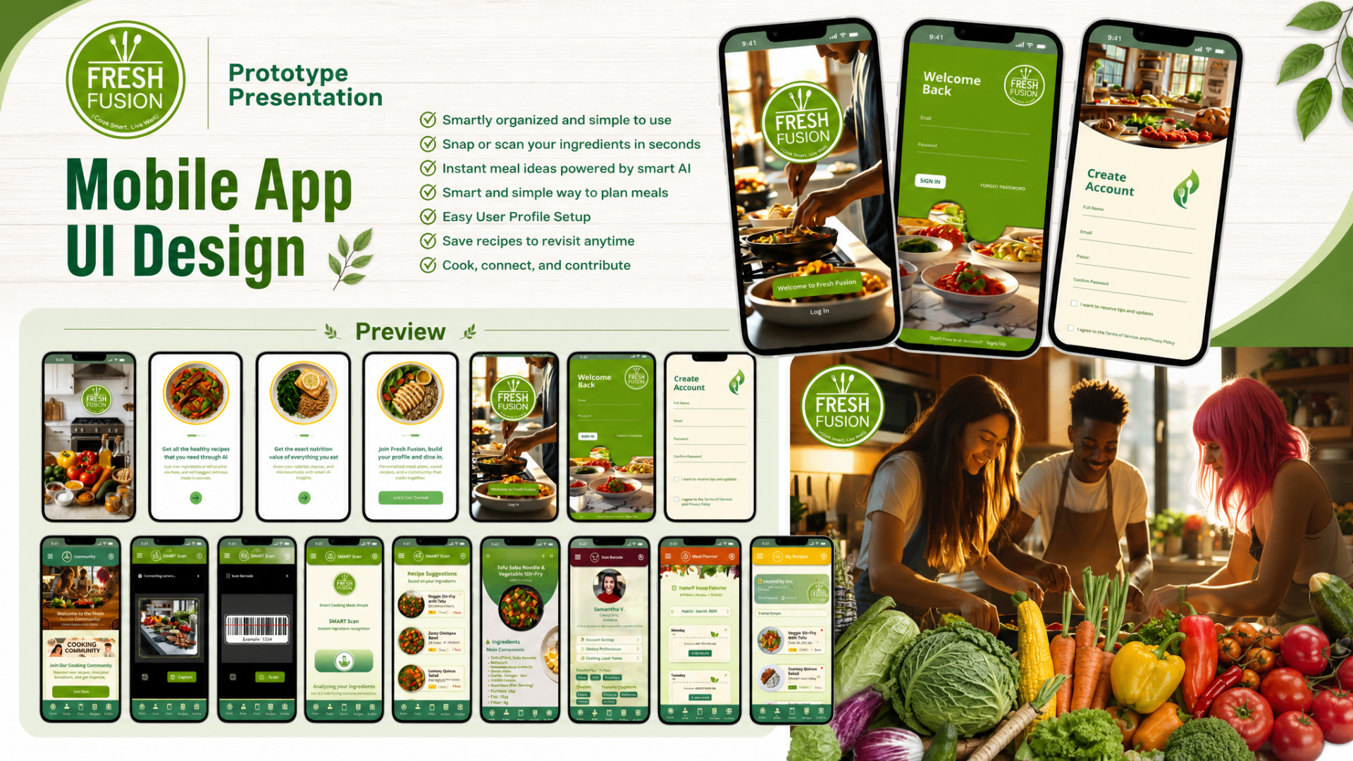 Fresh Fusion prototype presentation: mobile app UI design highlights, hero device mockups, and a preview grid of every core screen