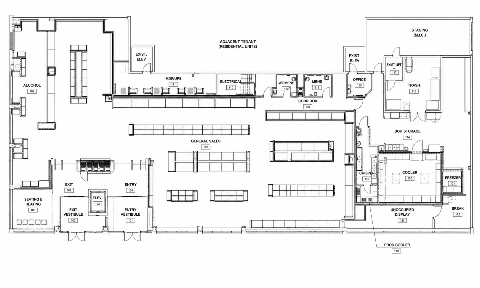 Detailed general sales floor plan showing retail, back of house, and seating layout
