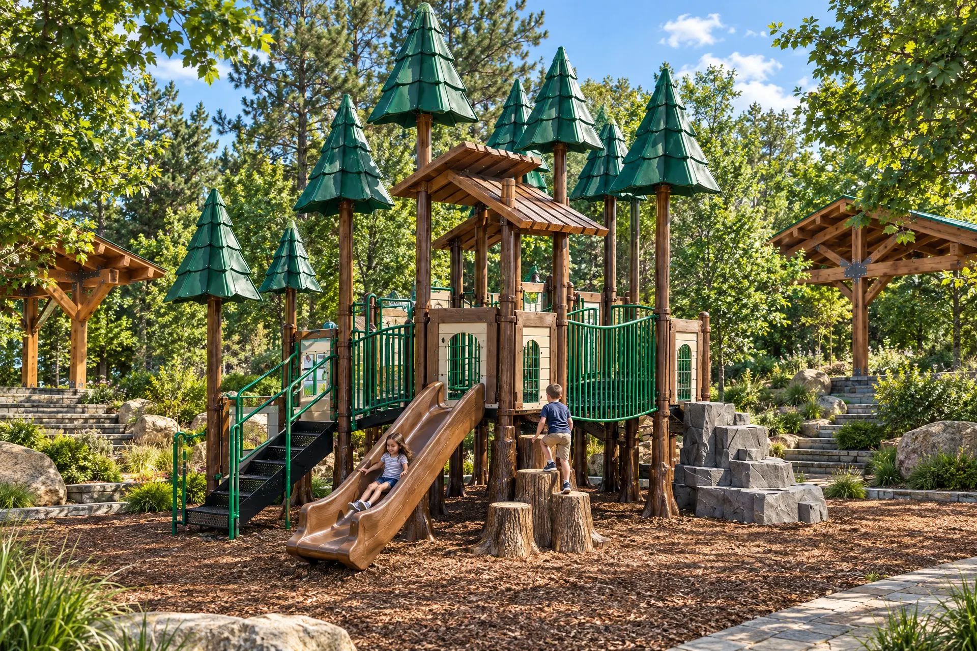Finished treetop playground shown within a complete landscaped environment