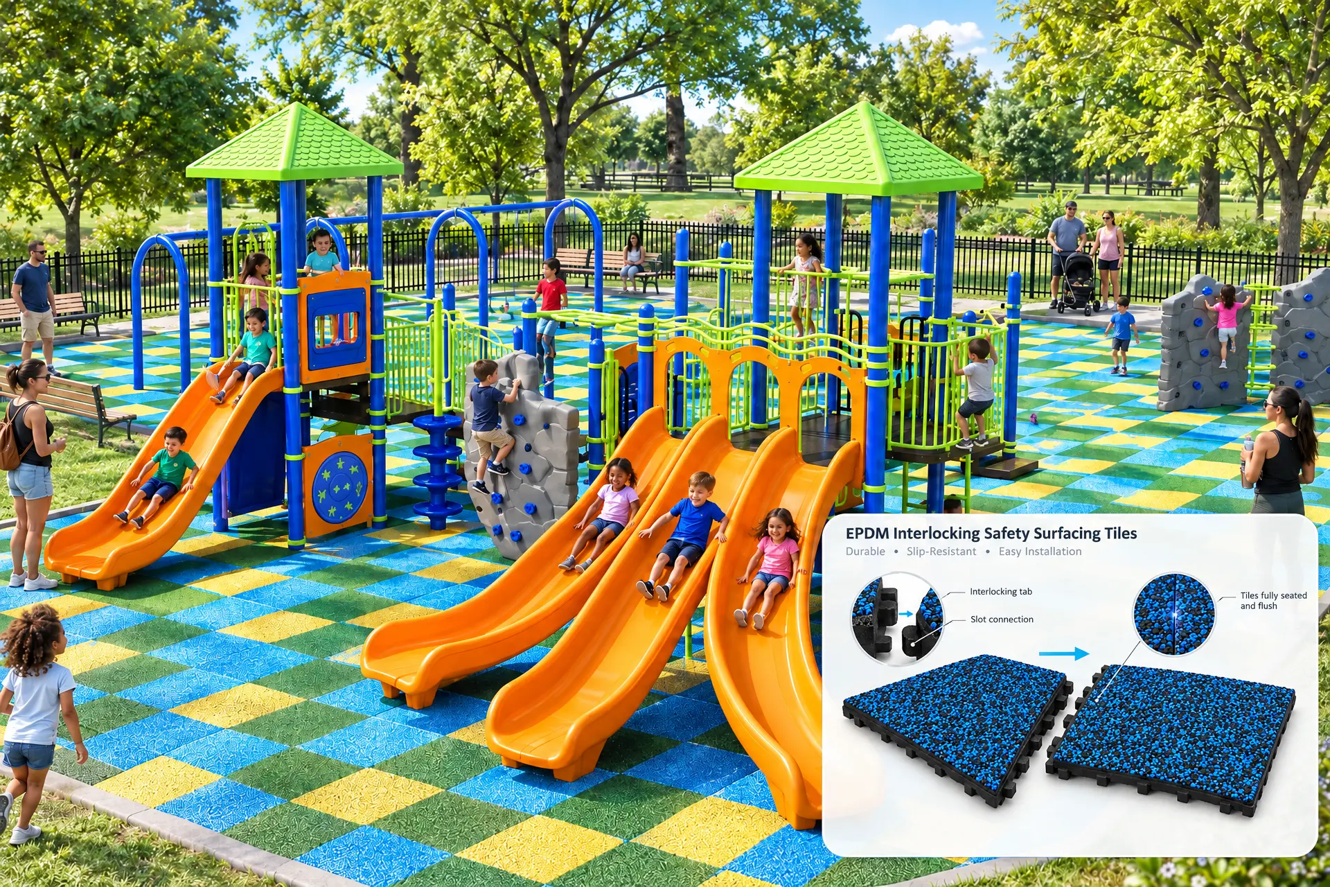 Colorful playground and EPDM interlocking safety tile presentation