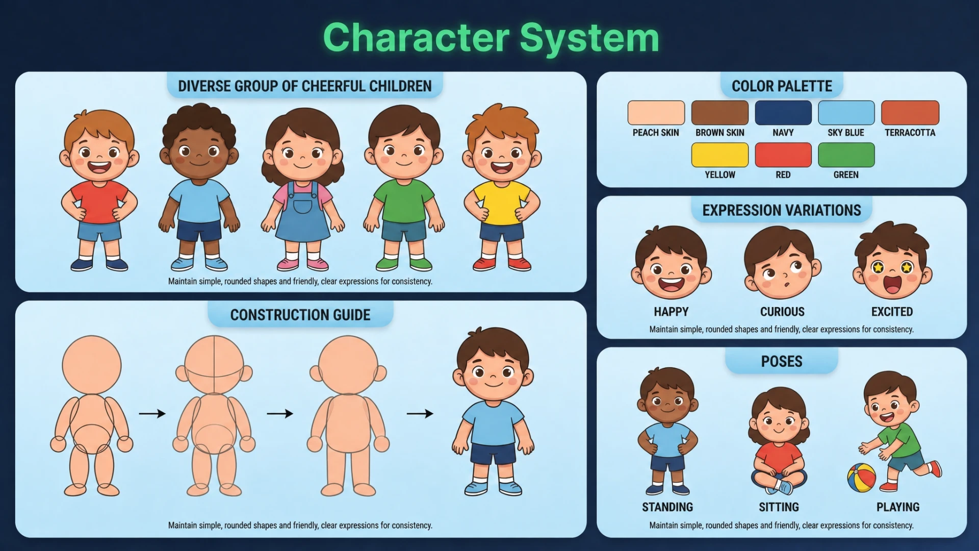 Kids View character system: diverse characters, construction guide, color palette, expressions, and poses