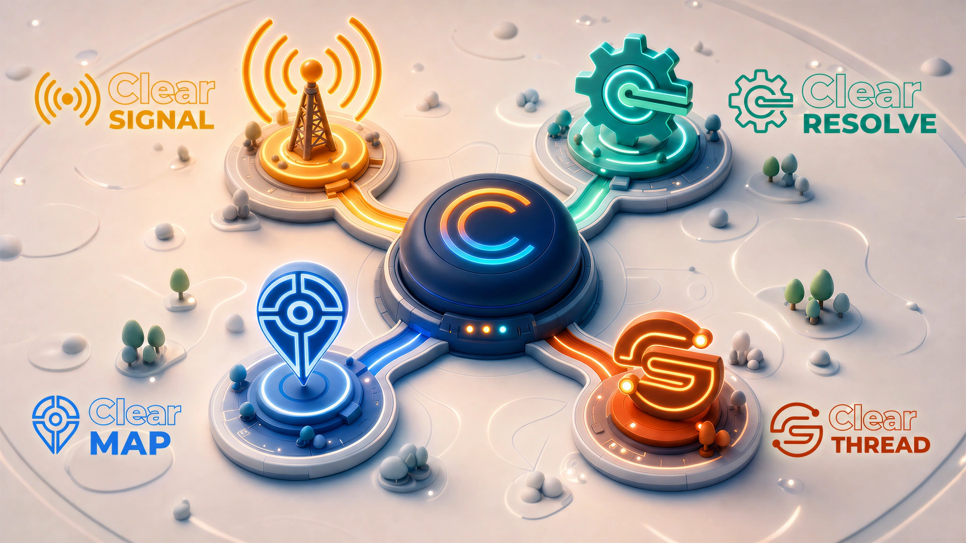 ClarityOS hub ecosystem showing ClearSignal, ClearResolve, ClearMap, and ClearThread connected to a central ClarityOS core.