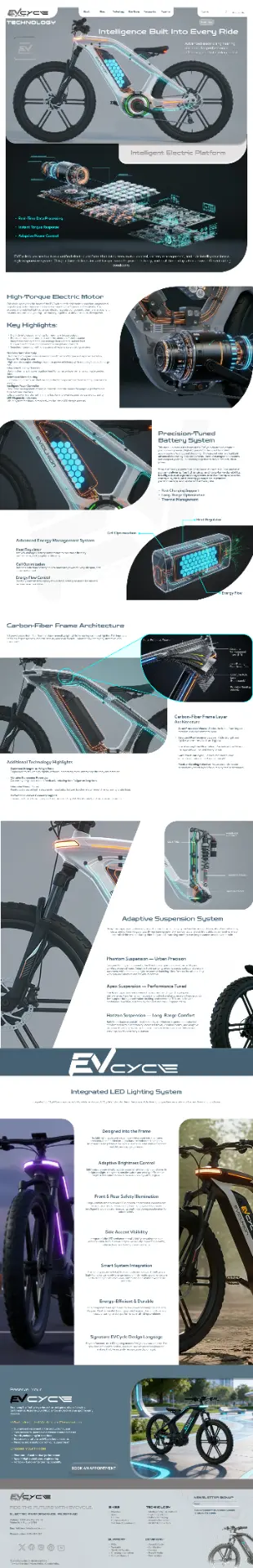 EV Cycle technology page detailing motor, battery, carbon frame architecture, suspension, and LED lighting