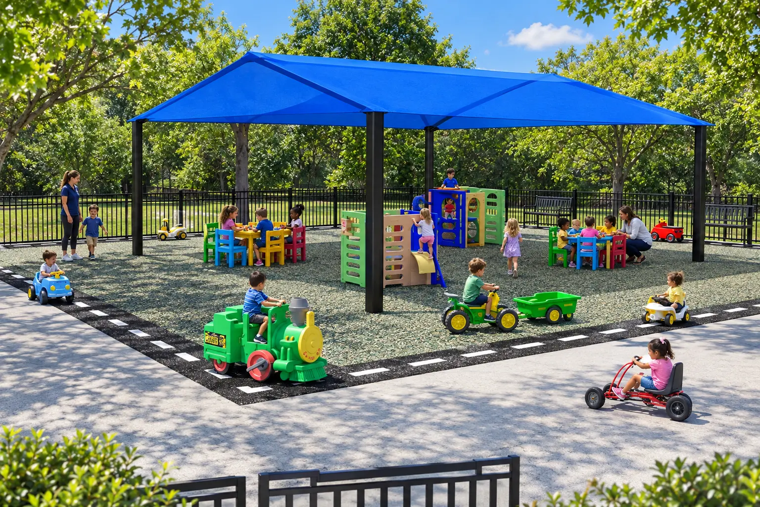 Activity play area with ride-on cars, train, and shaded tables as part of the expanded product ecosystem