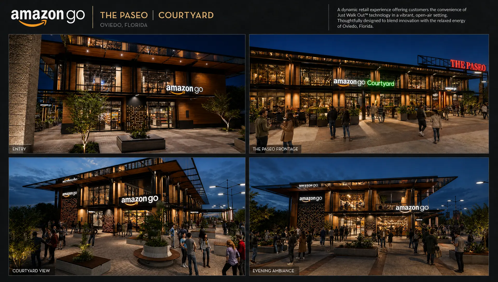 Presentation board showing entry, frontage, courtyard, and evening ambiance renders