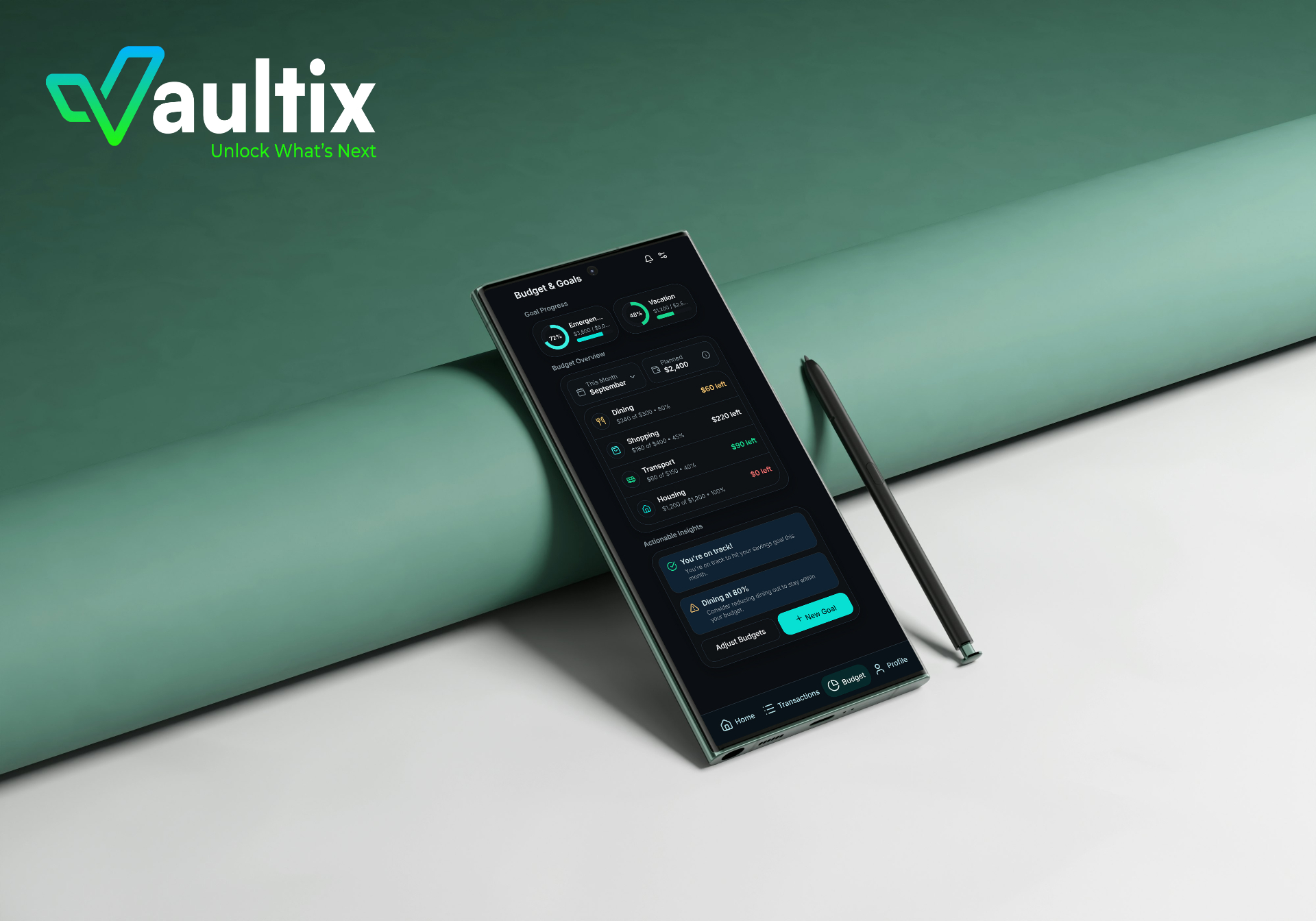 Vaultix budget and goals screen on green backdrop