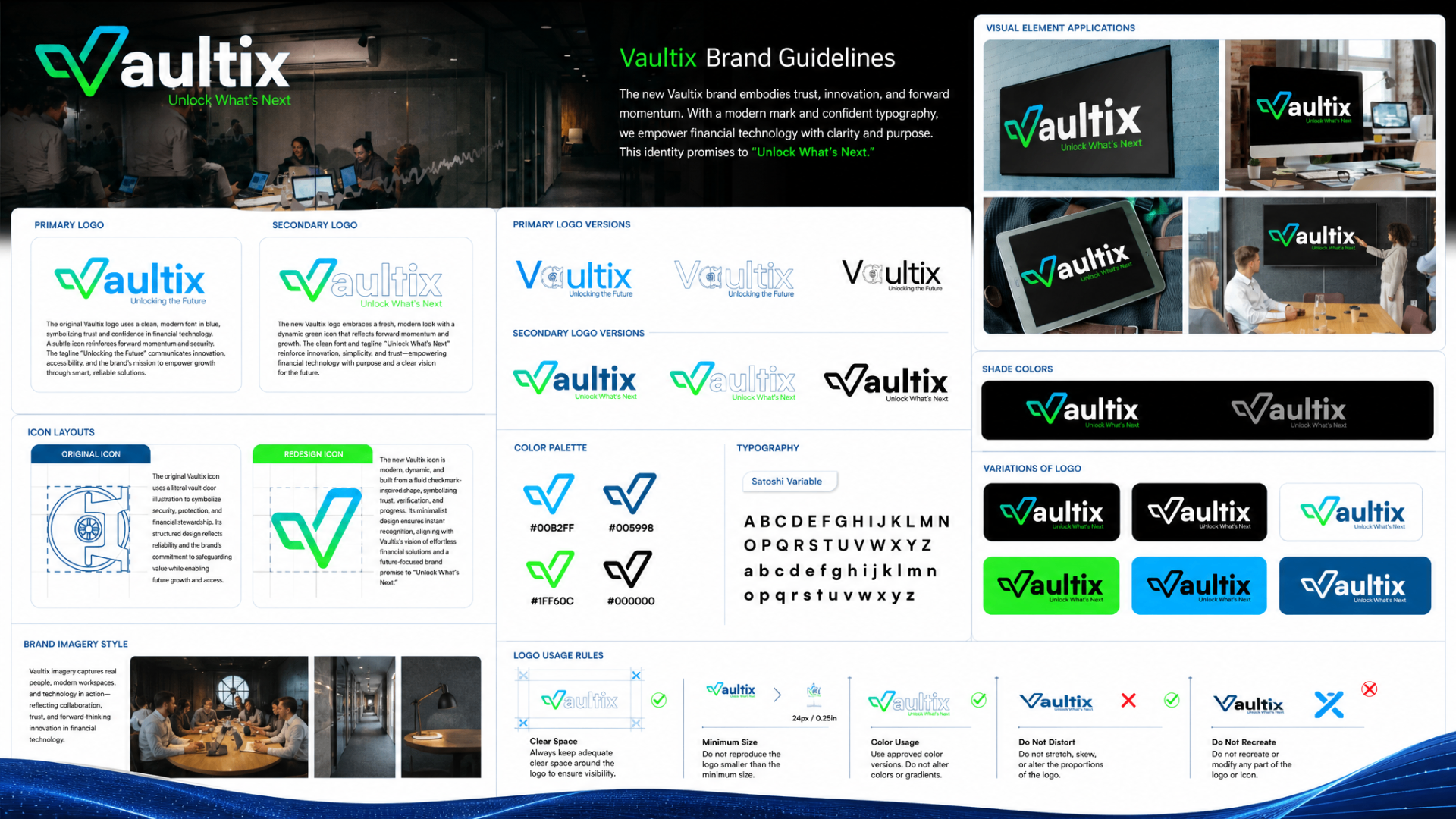 Vaultix brand guidelines overview showing logo, palette, typography, and usage rules