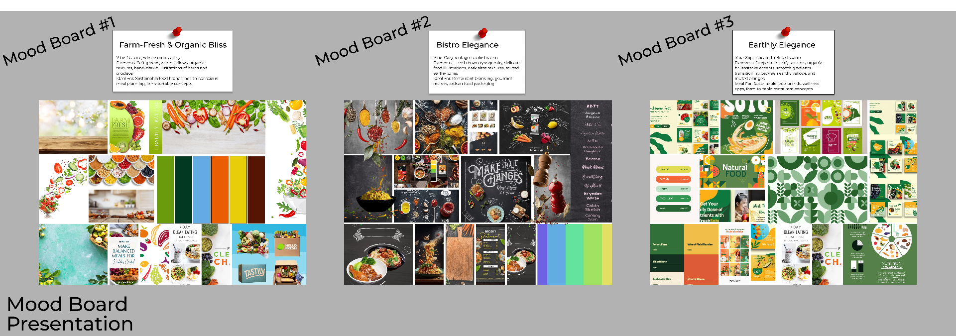Fresh Fusion mood board exploration: Farm-Fresh, Bistro Elegance, Earthly Elegance