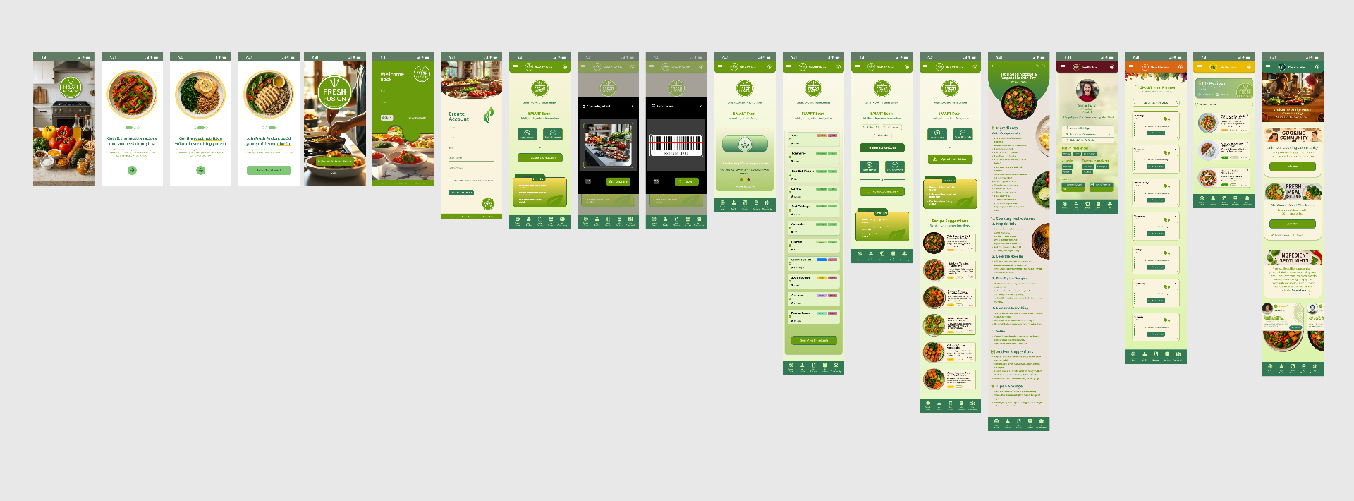 Fresh Fusion hi-fi prototype screens with full brand system applied across onboarding, scanning, recipes, meal planning, profile, and community